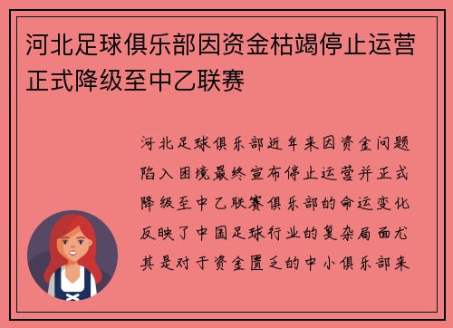 河北足球俱乐部因资金枯竭停止运营正式降级至中乙联赛 河北足球俱乐部因资金枯竭停止运营正式降级至中乙联赛