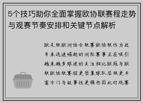 5个技巧助你全面掌握欧协联赛程走势与观赛节奏安排和关键节点解析 5个技巧助你全面掌握欧协联赛程走势与观赛节奏安排和关键节点解析