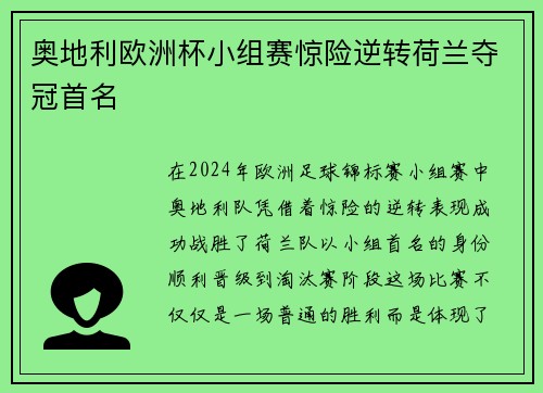 奥地利欧洲杯小组赛惊险逆转荷兰夺冠首名 奥地利欧洲杯小组赛惊险逆转荷兰夺冠首名