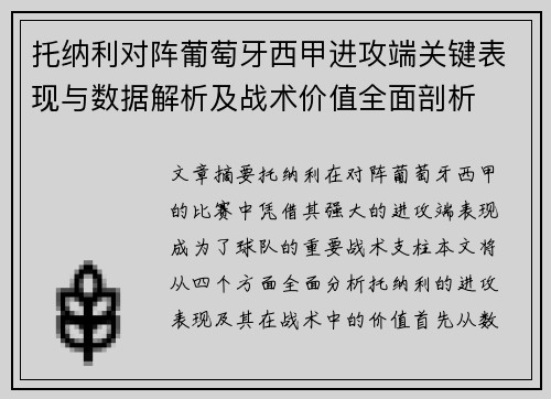 托纳利对阵葡萄牙西甲进攻端关键表现与数据解析及战术价值全面剖析
